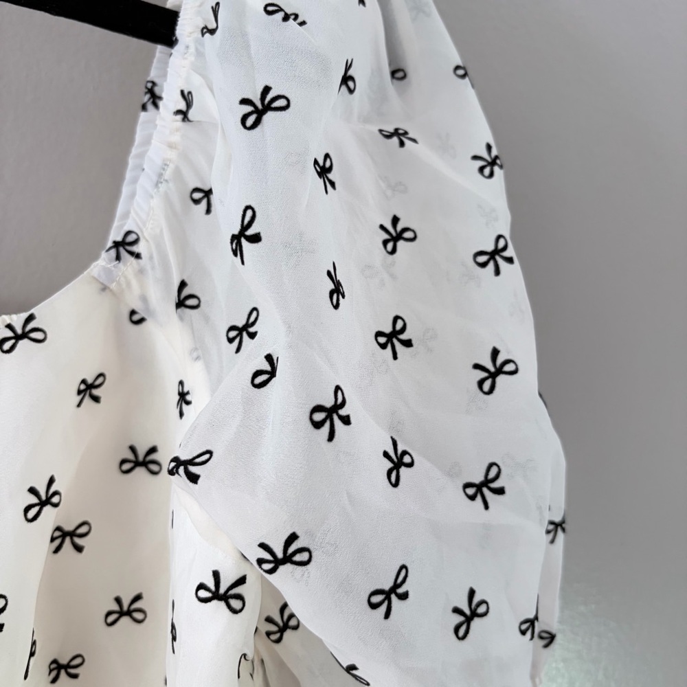 ARULA | White Black Bow Print Coquette Puff Sleeve Peplum Blouse Size X - Picture 3 of 8